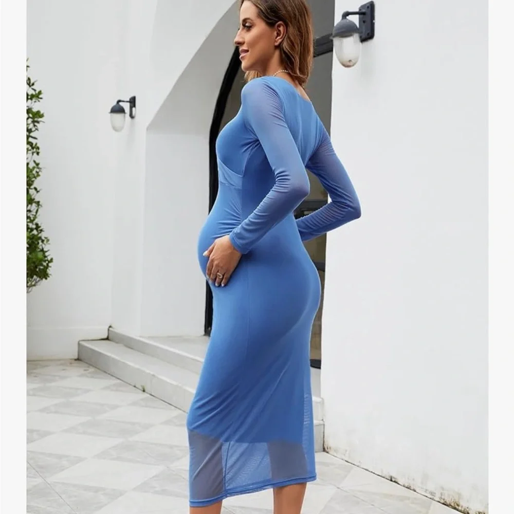 Maternity Long Sleeve Wrap Maxi Dress in Blue